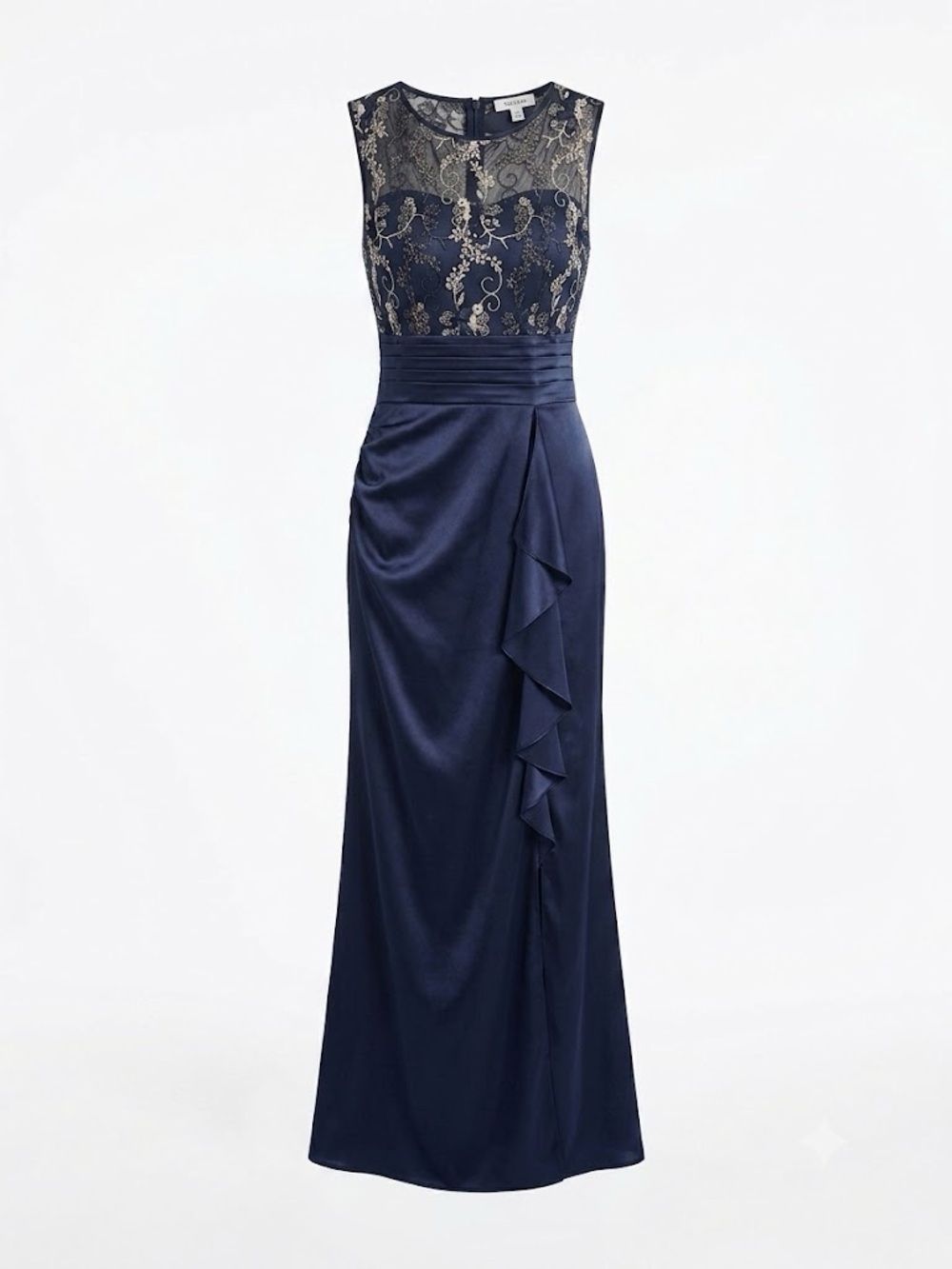 Elegant Navy Lace Bodice Evening Gown